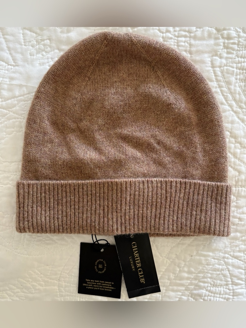 Charter Club 100% Cashmere Beanie Hat Warm Praline Heather